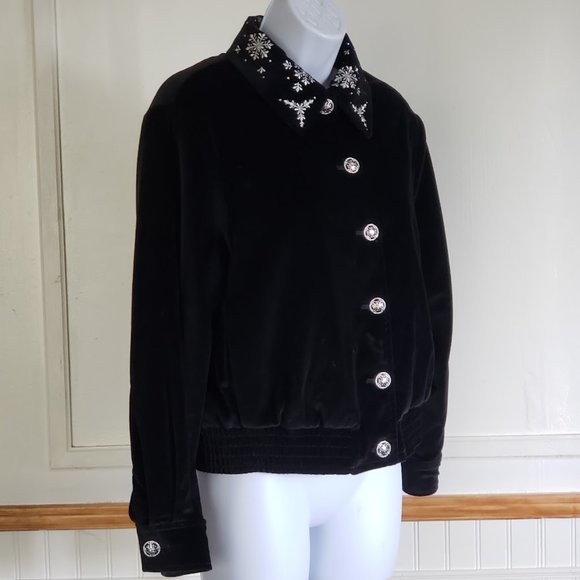 SOLD ST.JOHN SPORT Womens Bomber Jacket XS Black Velvet Embroidered Snowflake - Picture 2 of 12